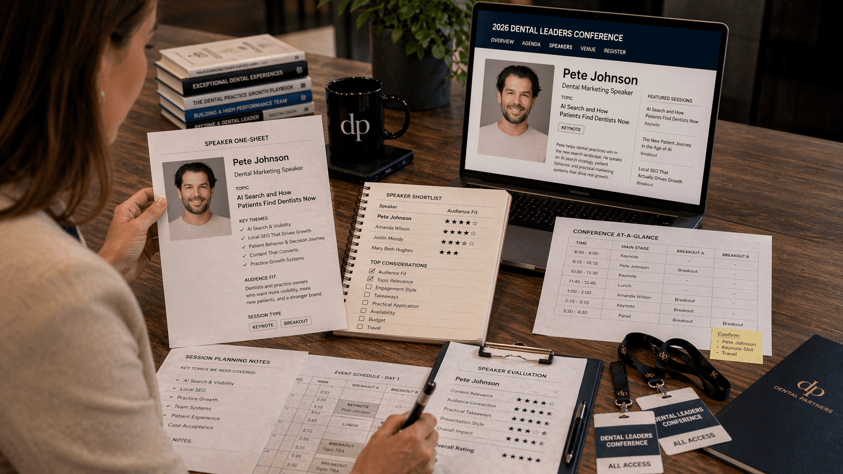 Conference organizer reviewing Pete Johnson as a featured dental speaker on a laptop and printed speaker one-sheet alongside shortlist and session planning notes