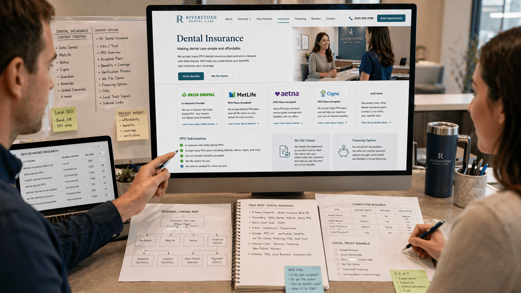 Dental insurance page SEO strategy session showing a monitor with PPO insurance content alongside keyword research, content outlines, internal linking plans, and competitor analysis notes