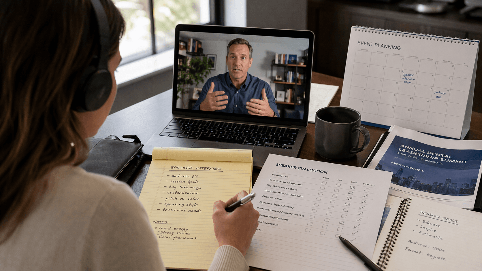 Conference organizer interviewing and evaluating a speaker on video call using a checklist, session notes, and event-planning documents