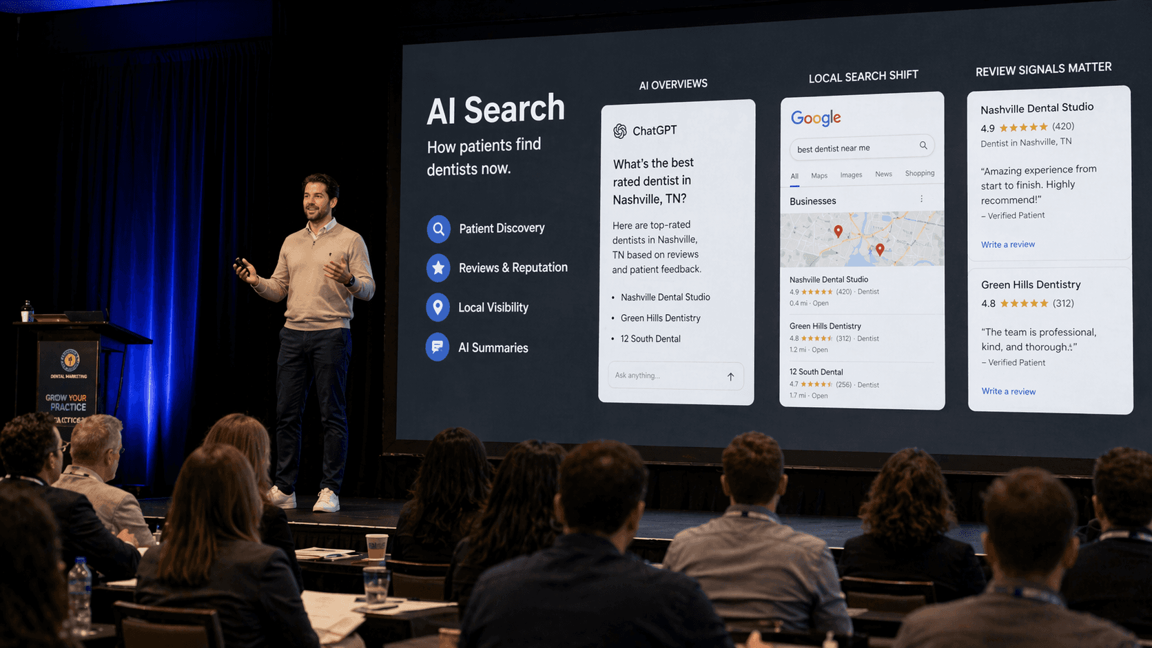 Dental conference speaker presenting a keynote on AI search, patient discovery, local search shifts, and review signals to a live audience
