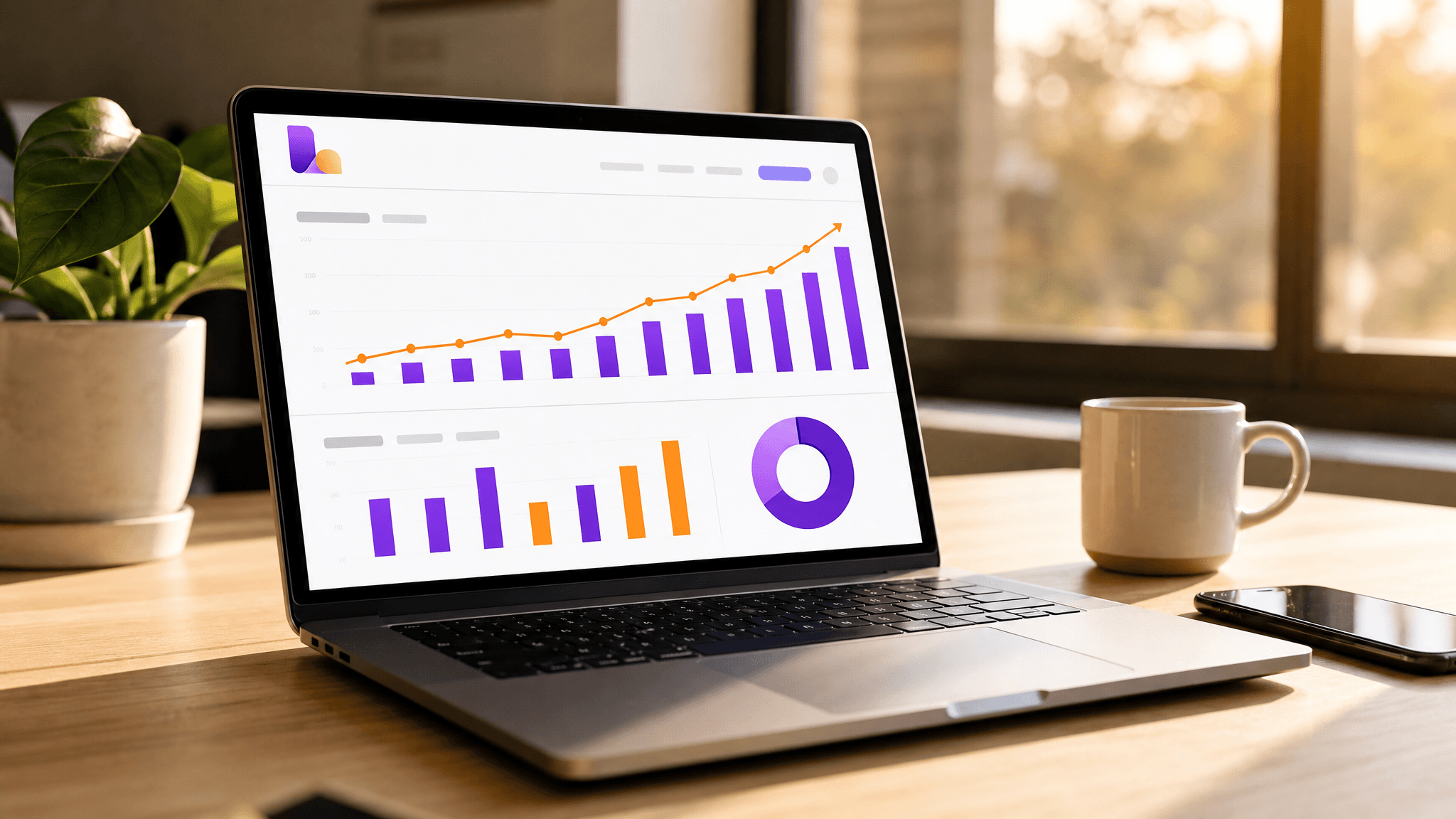 Laptop on a desk showing a dental Google Ads performance dashboard with upward-trending bar and line charts beside a coffee cup and smartphone
