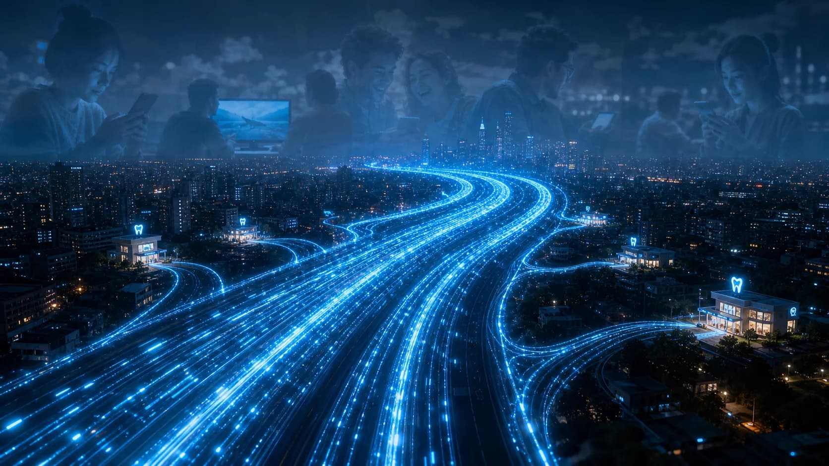 Aerial view of a glowing blue data freeway flowing through a nighttime cityscape, with dental office icons as off-ramps and ghosted silhouettes of people on phones layered above