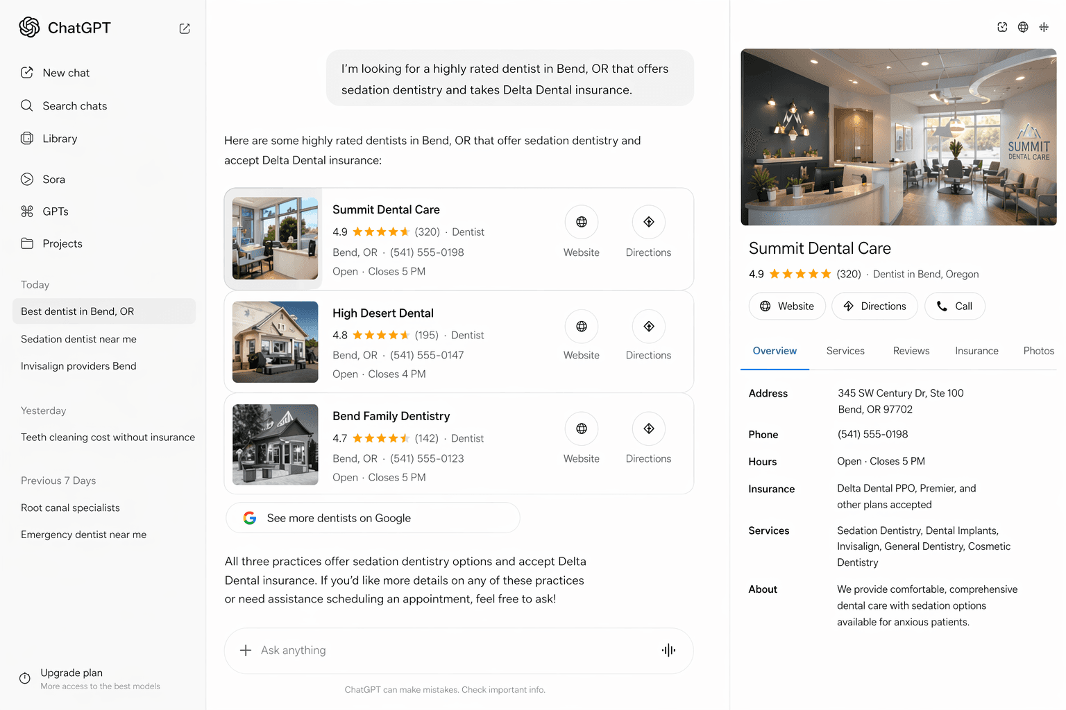 ChatGPT local dentist search results showing Bend, Oregon dental practices with sedation dentistry and Delta Dental insurance details
