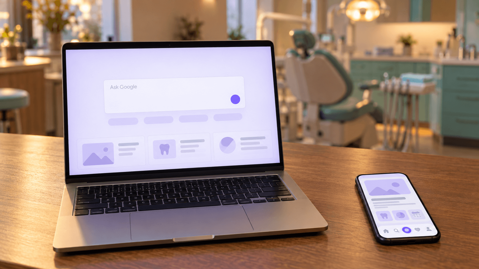 A laptop on a desk in a dental office showing a browser new tab page with a tall Ask Google prompt box where the search bar used to be, beside a phone showing a thick bottom navigation bar