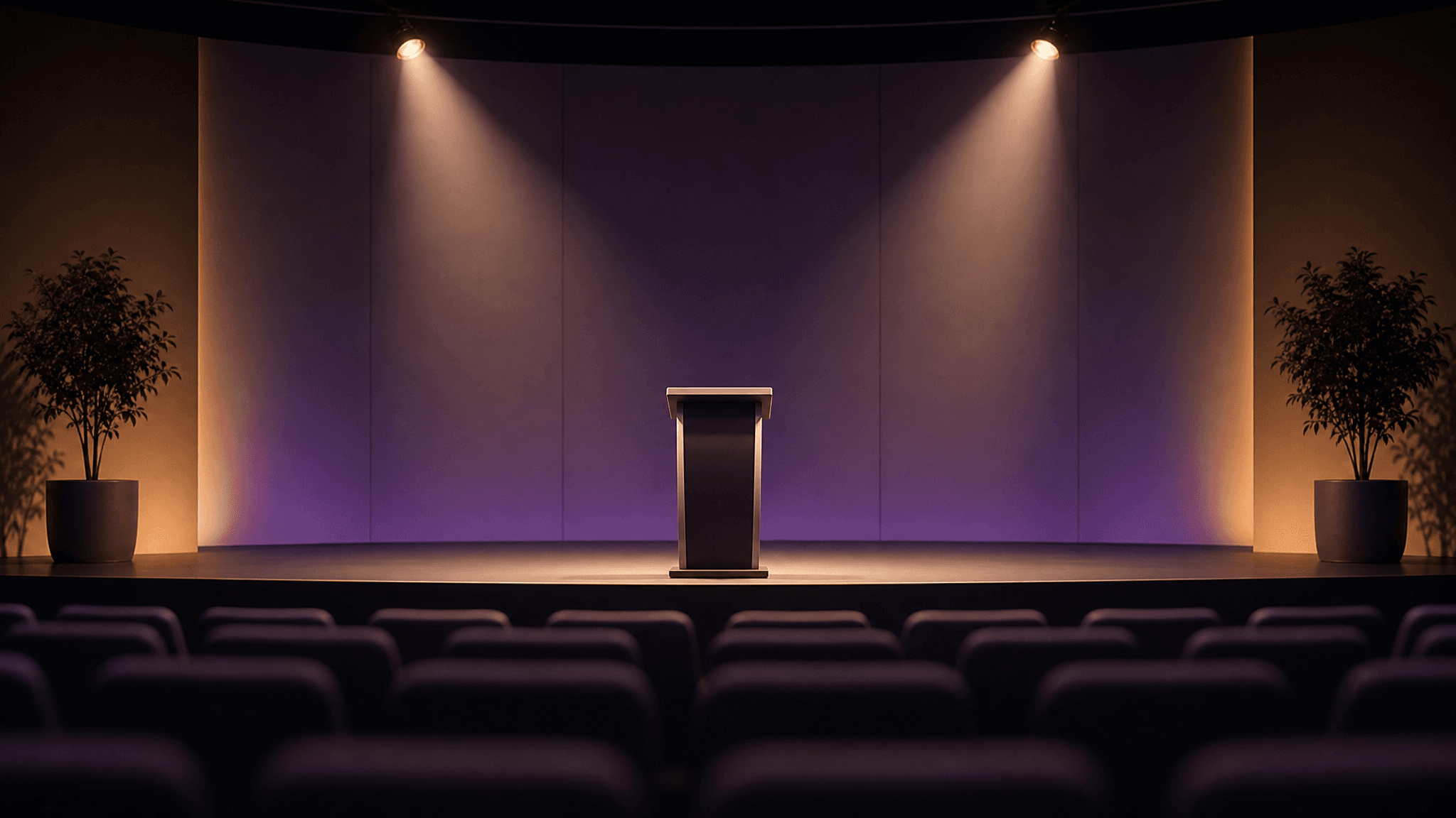 Empty conference stage with a single podium lit by two spotlights and rows of seats, representing the choice between a clinical and a business dental speaker