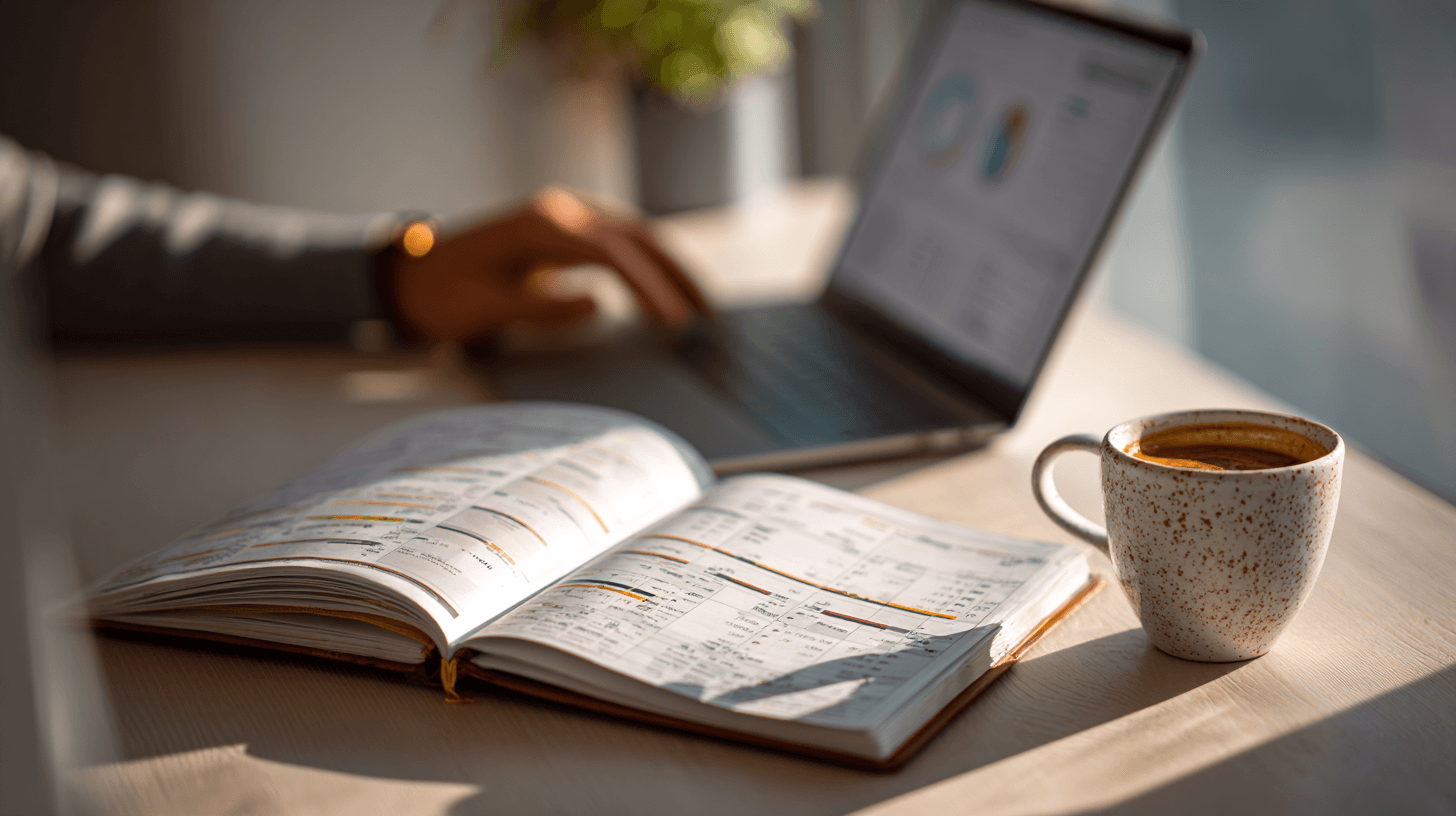 Marketing professional reviewing a dental content calendar and website analytics at a bright workspace