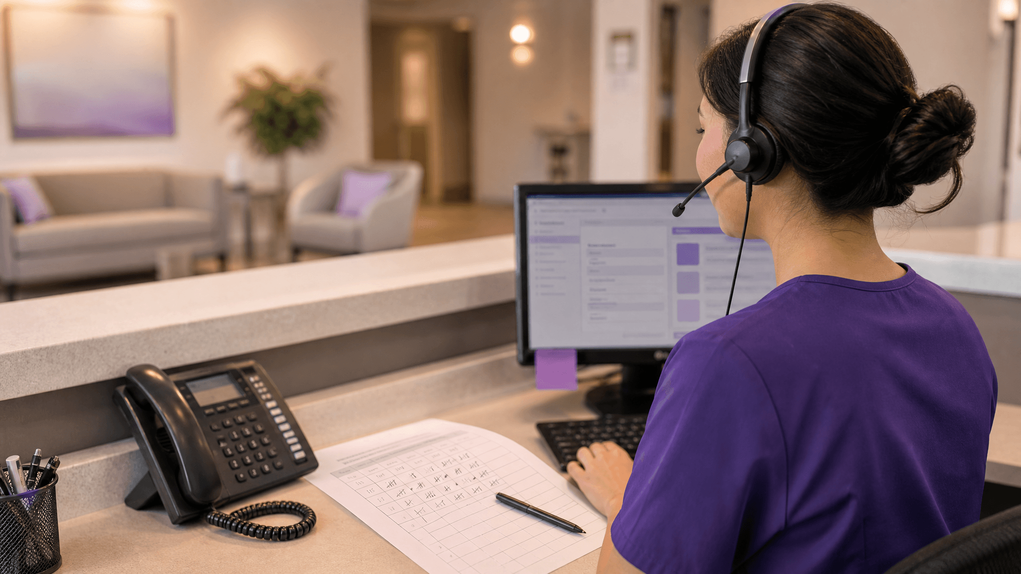 A dental front-desk coordinator on a headset with a printed call-scoring sheet and tally marks on the desk