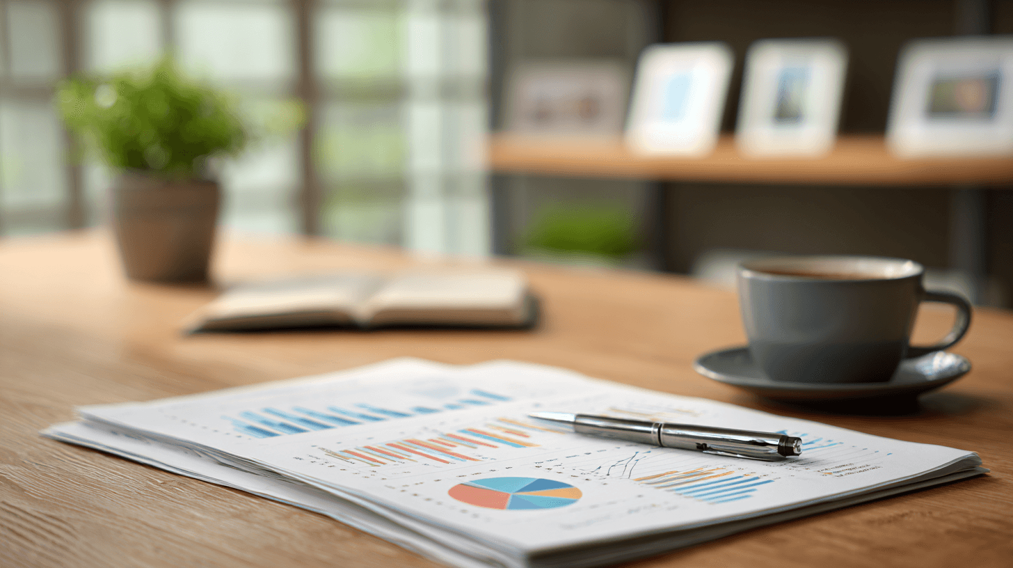Dental marketing benchmarks report with performance charts and data on a professional desk with coffee and pen