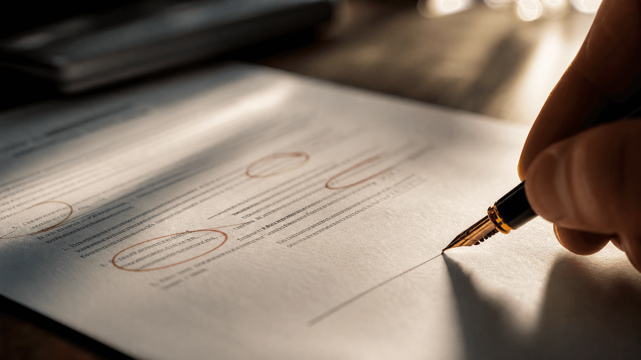 A printed marketing contract with clauses circled in red ink and a pen hovering over the signature line