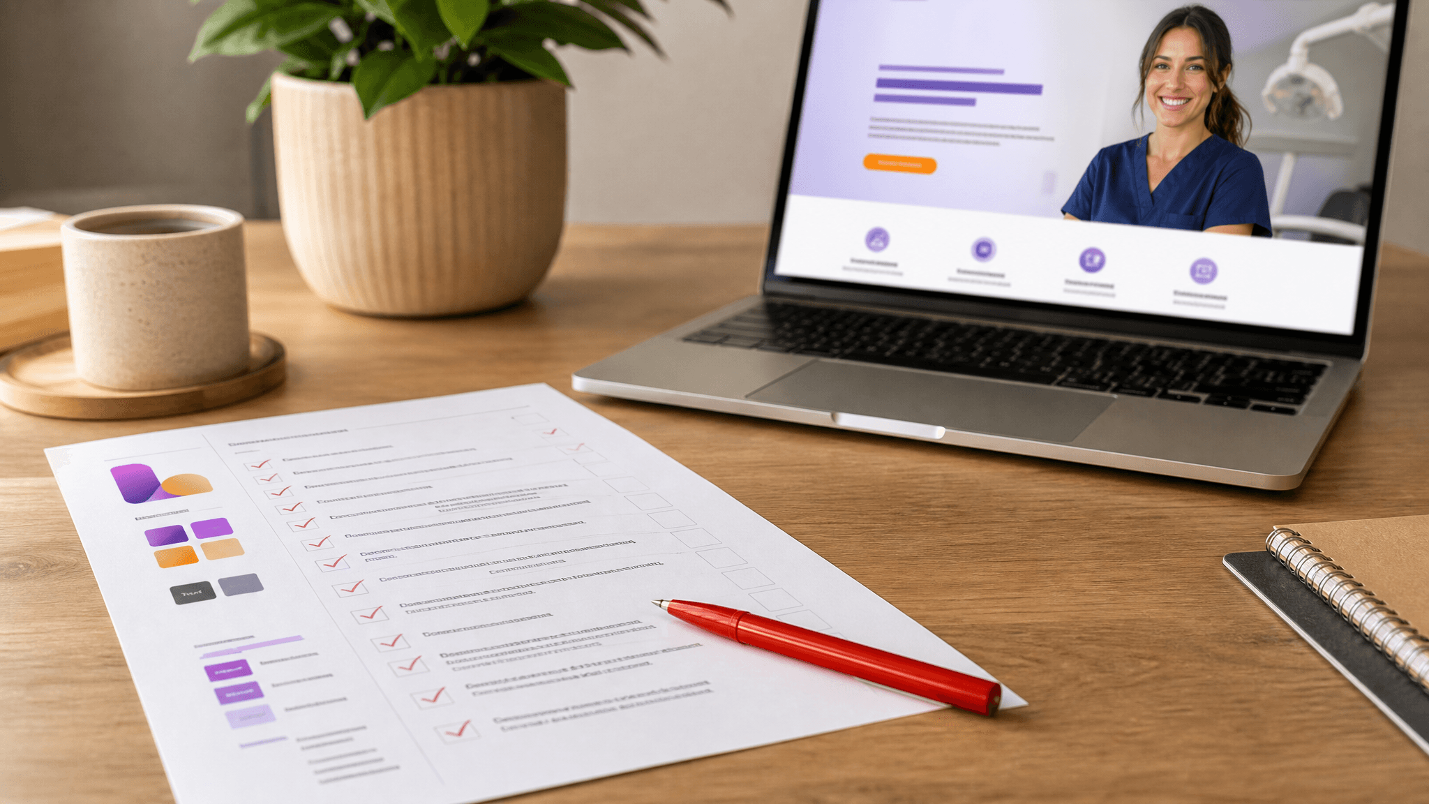 A printed dental website conversion audit checklist with hand-checked boxes and a red pen, a laptop showing a dental homepage blurred behind