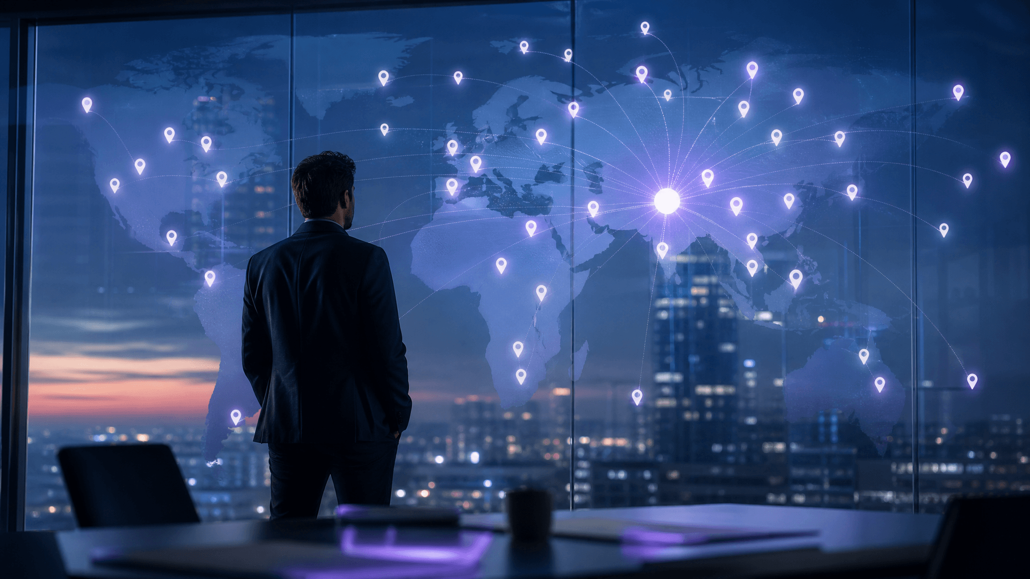 A strategist before a glass wall showing dozens of glowing office-location pins with data lines converging to one node