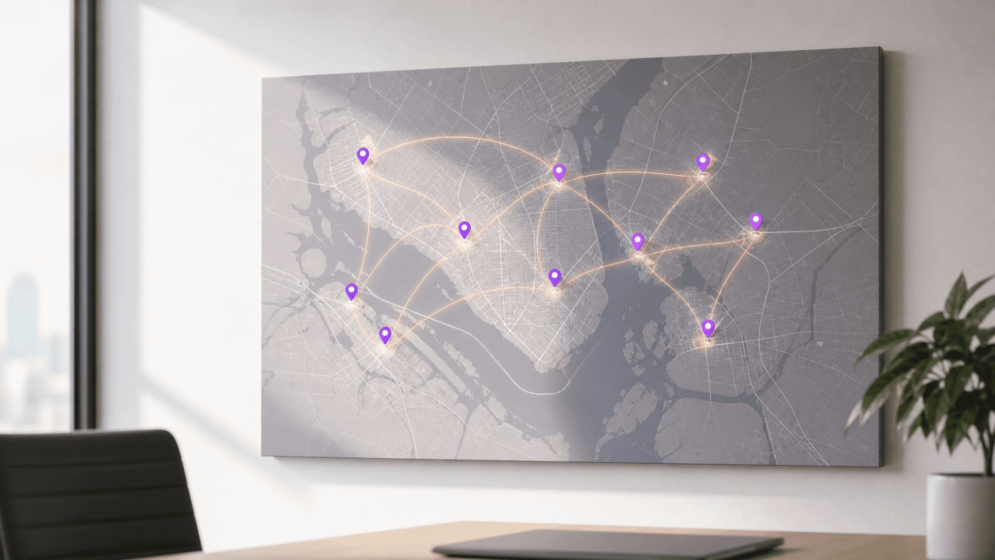 Wall-mounted metro-area map with multiple location pins connected into one network, representing a DSO local brand built at scale