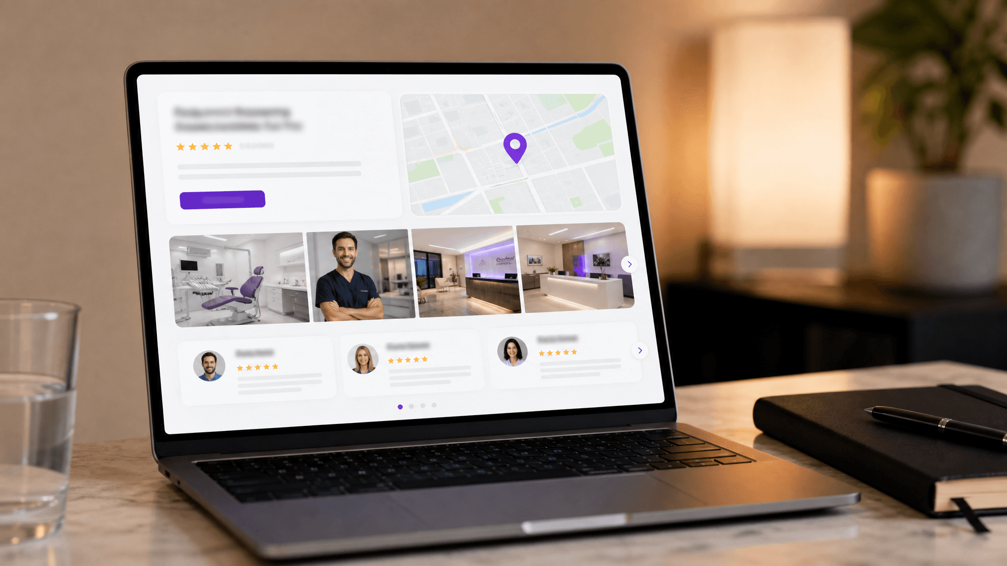 Laptop displaying a high-performing dental practice location page with a map, photo gallery and patient reviews