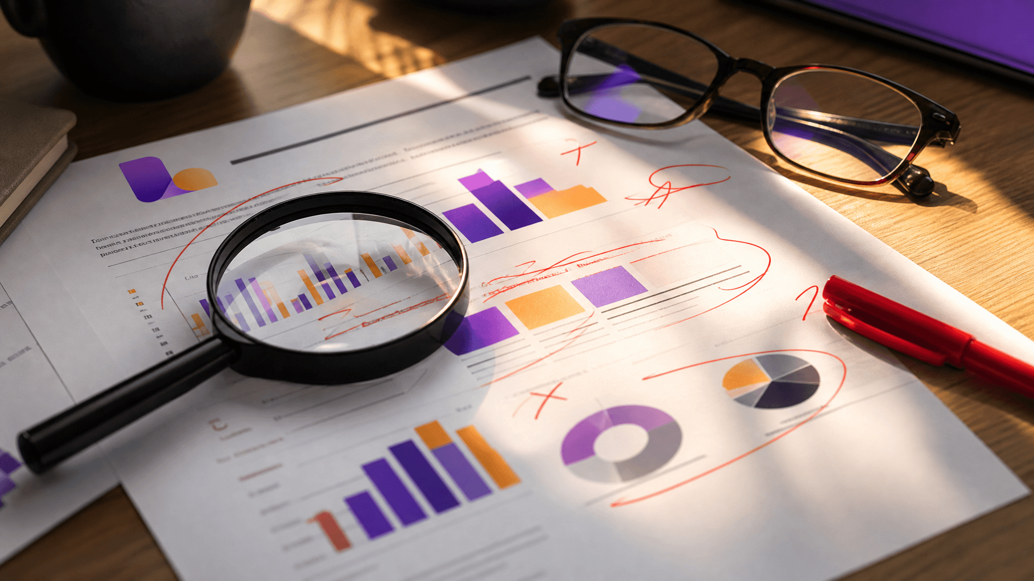 Printed dental marketing report marked up with red-pen corrections under a magnifying glass, representing an audit of DSO marketing mistakes