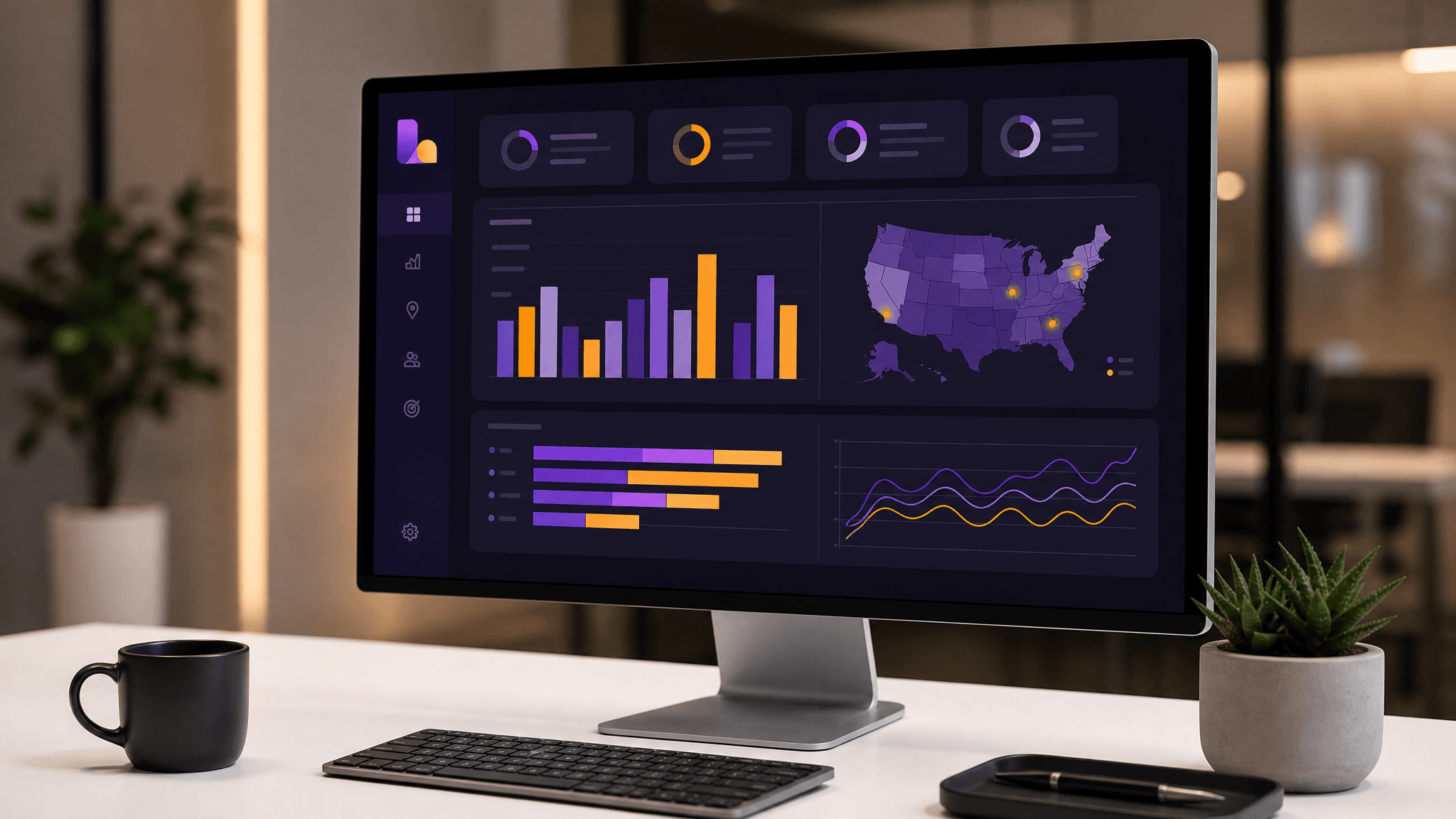 Monitor showing a multi-location dental marketing dashboard with comparative bar charts and a regional map