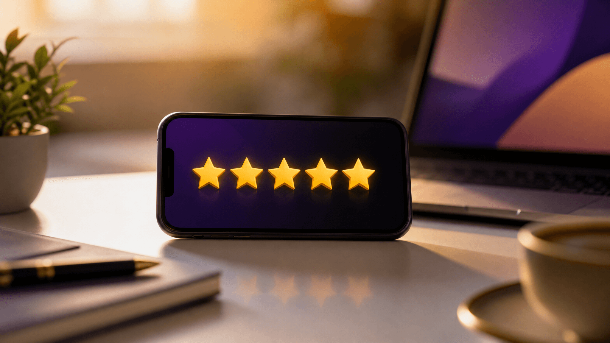 Smartphone on a desk displaying five gold star ratings, representing online reputation as the foundation of DSO growth