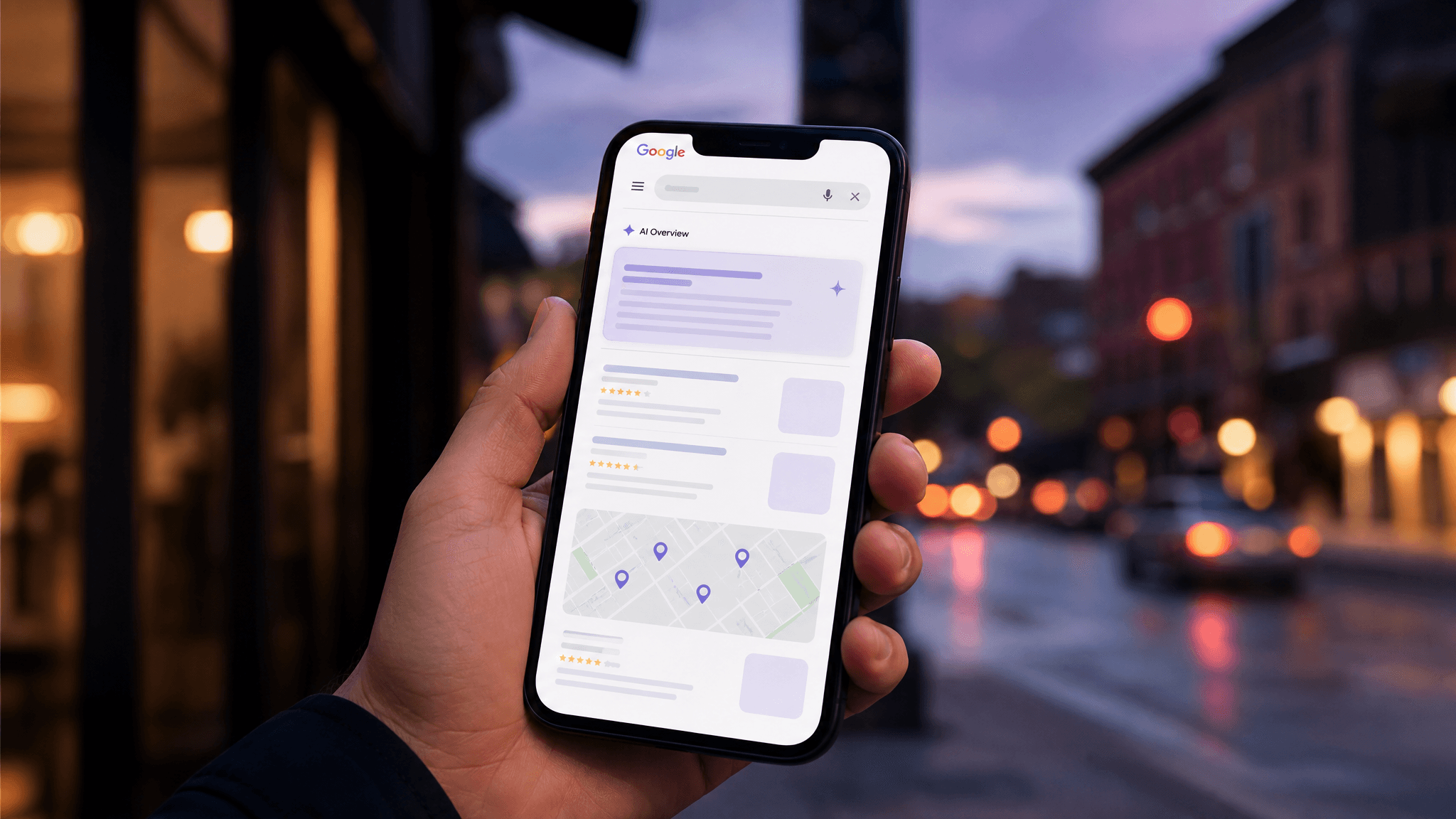 Smartphone showing a Google AI Mode search result with an AI answer panel and a local map for a dentist near me query