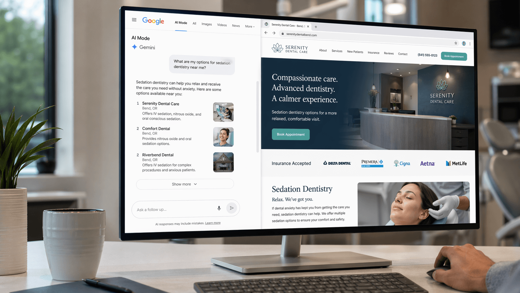 Google AI Mode split-screen interface showing a Gemini sidebar next to a sedation dentistry website, illustrating how AI changes dental SEO and patient search behavior