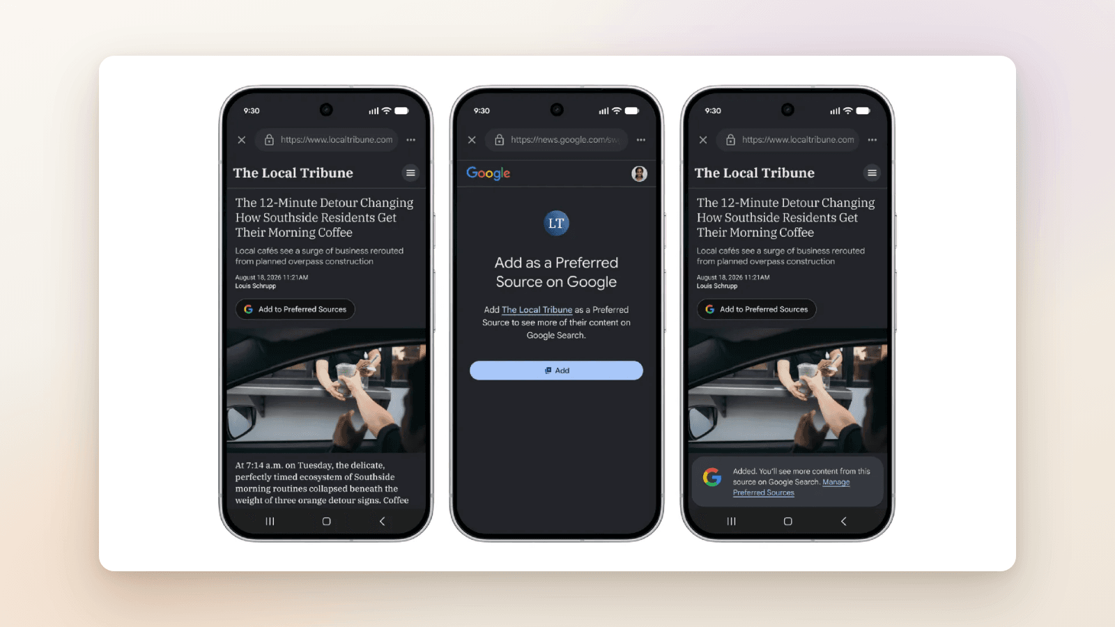 Three phones showing Google's Add to Preferred Sources button flow on a publisher article, from Google's announcement