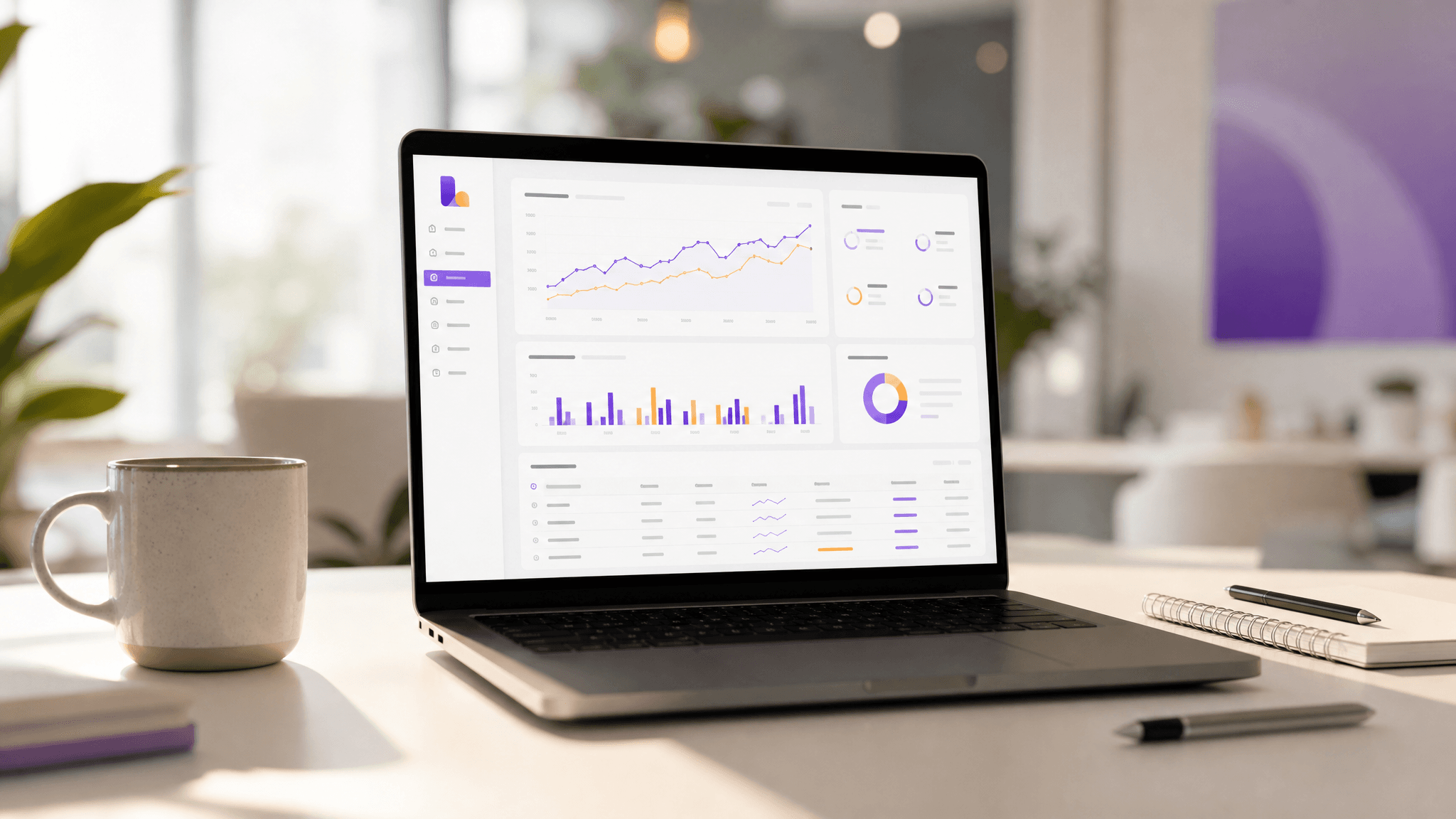 Laptop showing a Search Console analytics dashboard with clicks-and-impressions line graphs and a data table