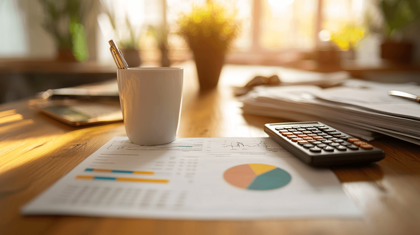 A modern desk with a calculator and stacks of budget sheets, planning a dental marketing budget