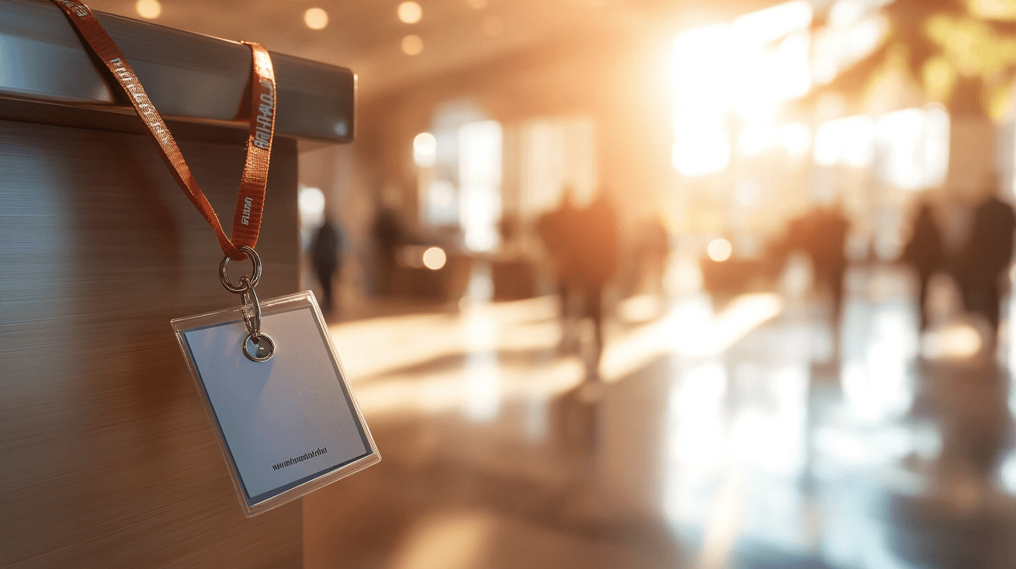 A professional conference badge and lanyard on a podium, picking the right dental marketing speaker