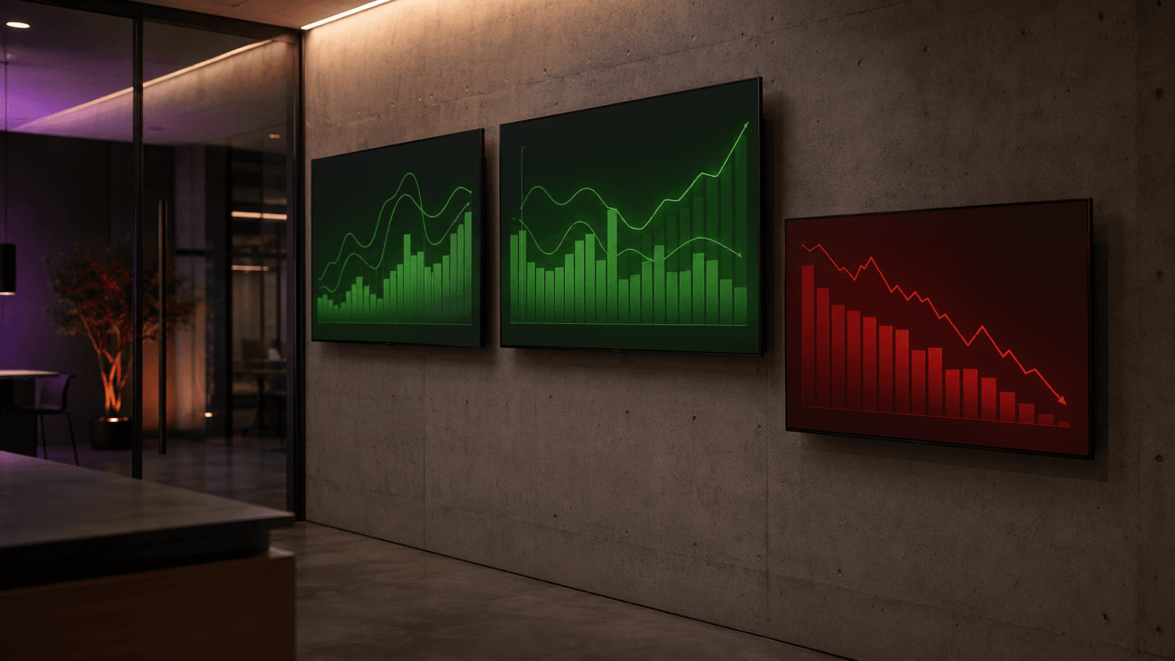 Three wall-mounted dashboard screens in a dim office: two show green rising charts and the third shows a red declining chart, illustrating how one underperforming dental location hides inside a group average