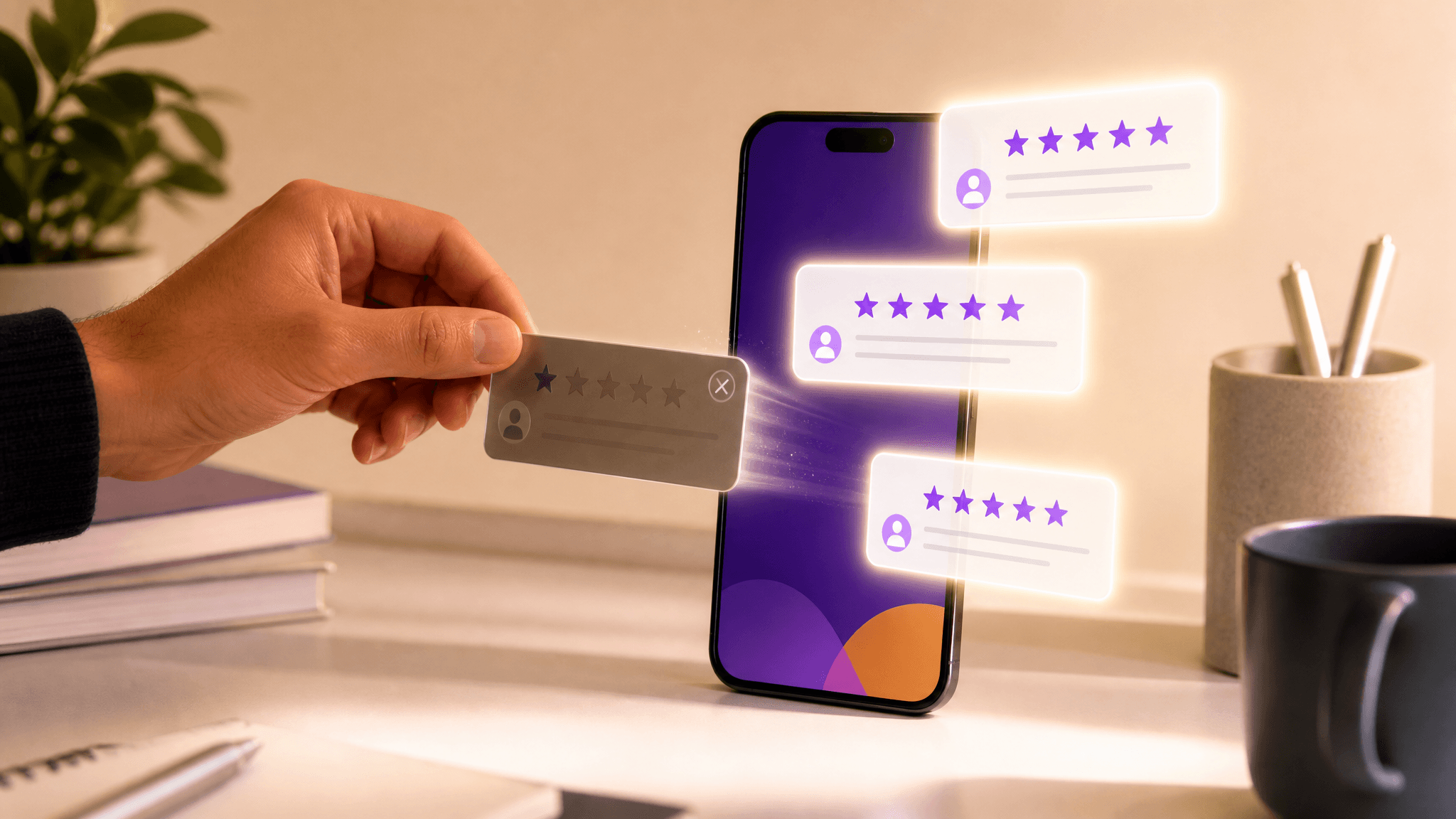 Smartphone showing a one-star review being removed while bright five-star ratings rise, representing negative Google review removal for a dental practice