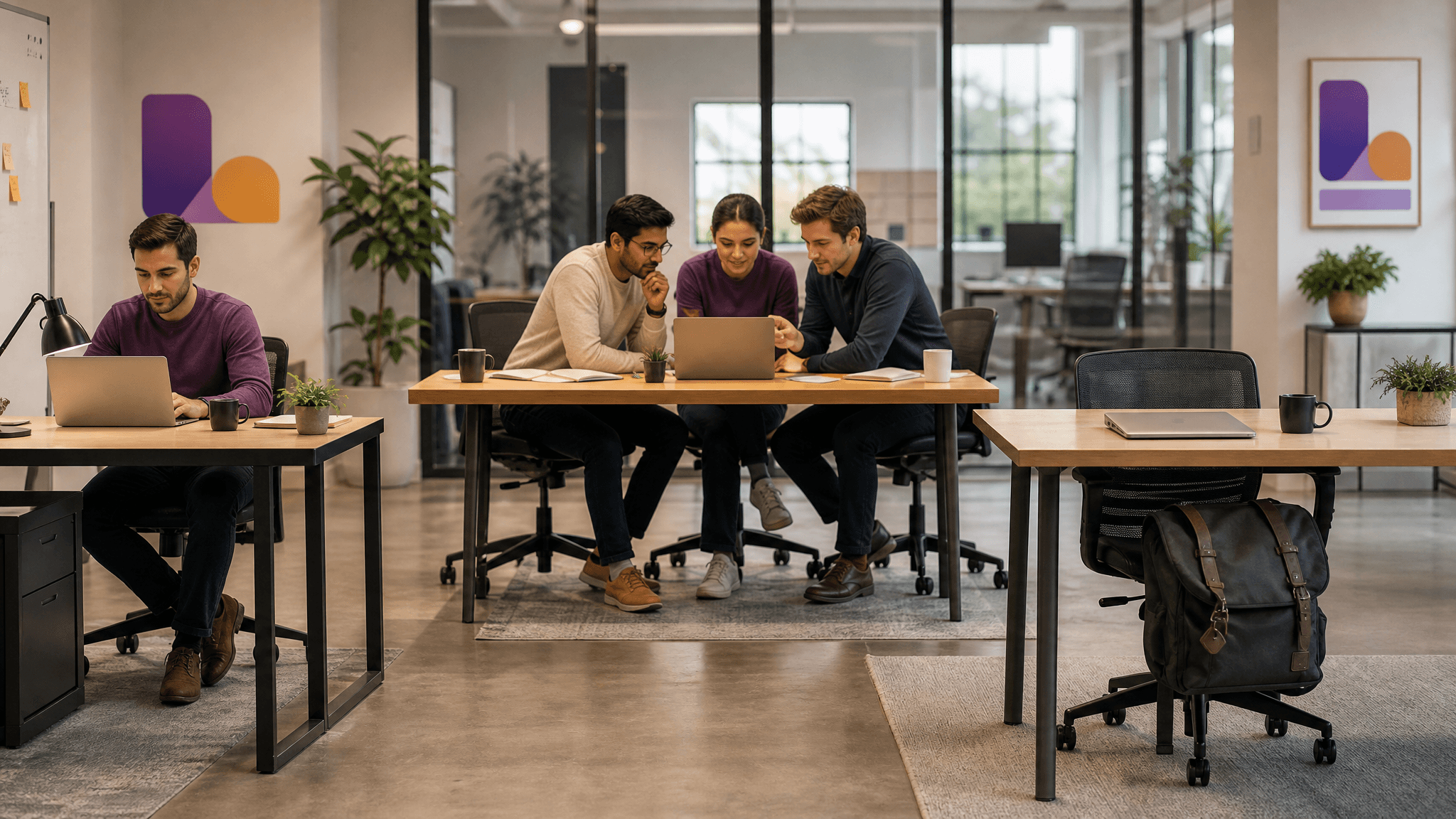 Three work setups side by side: a solo in-house marketer, a small agency team, and an empty chair with a fractional consultant's bag