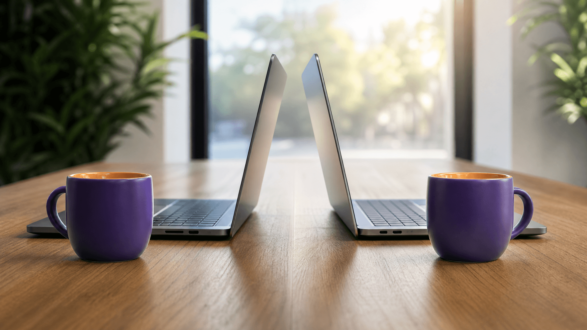 Two laptops and two coffee mugs facing each other on a desk, representing a head-to-head comparison of Lasso MD and My Social Practice