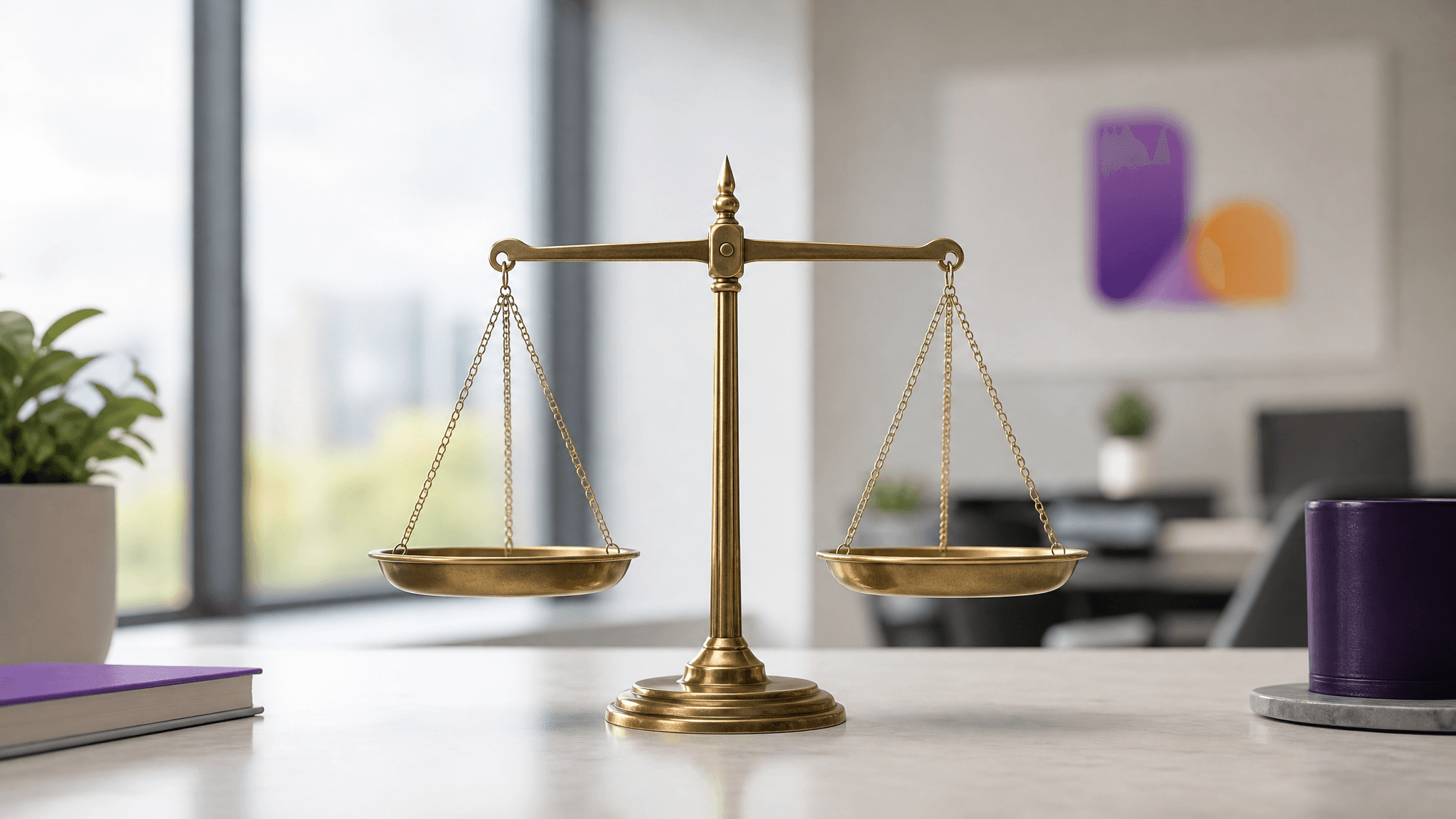 A balanced brass weighing scale on a desk, representing an even comparison of Lasso MD and ProSites