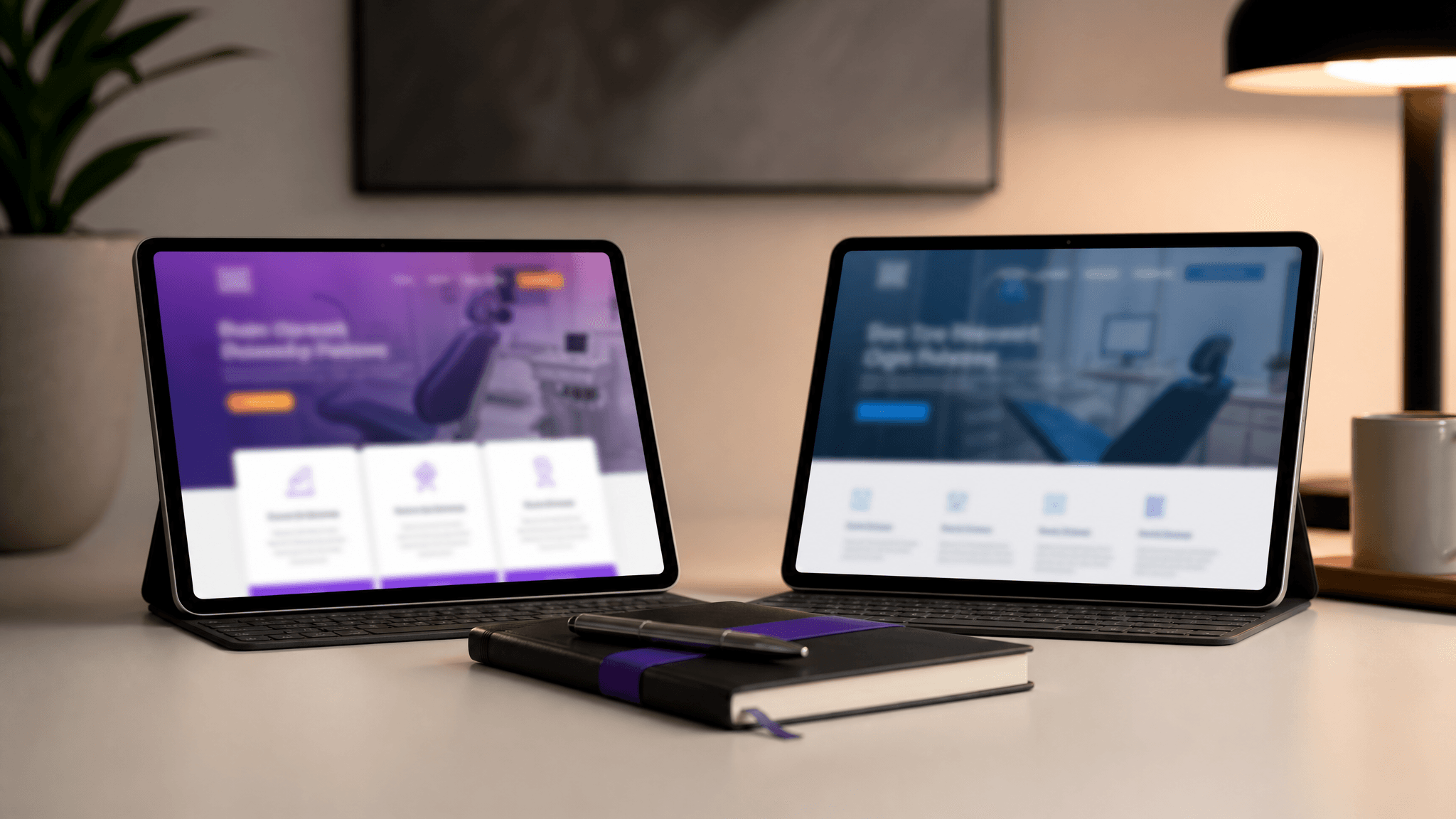 Two tablets side by side showing different dental marketing websites, representing a comparison of Lasso MD and SMC National