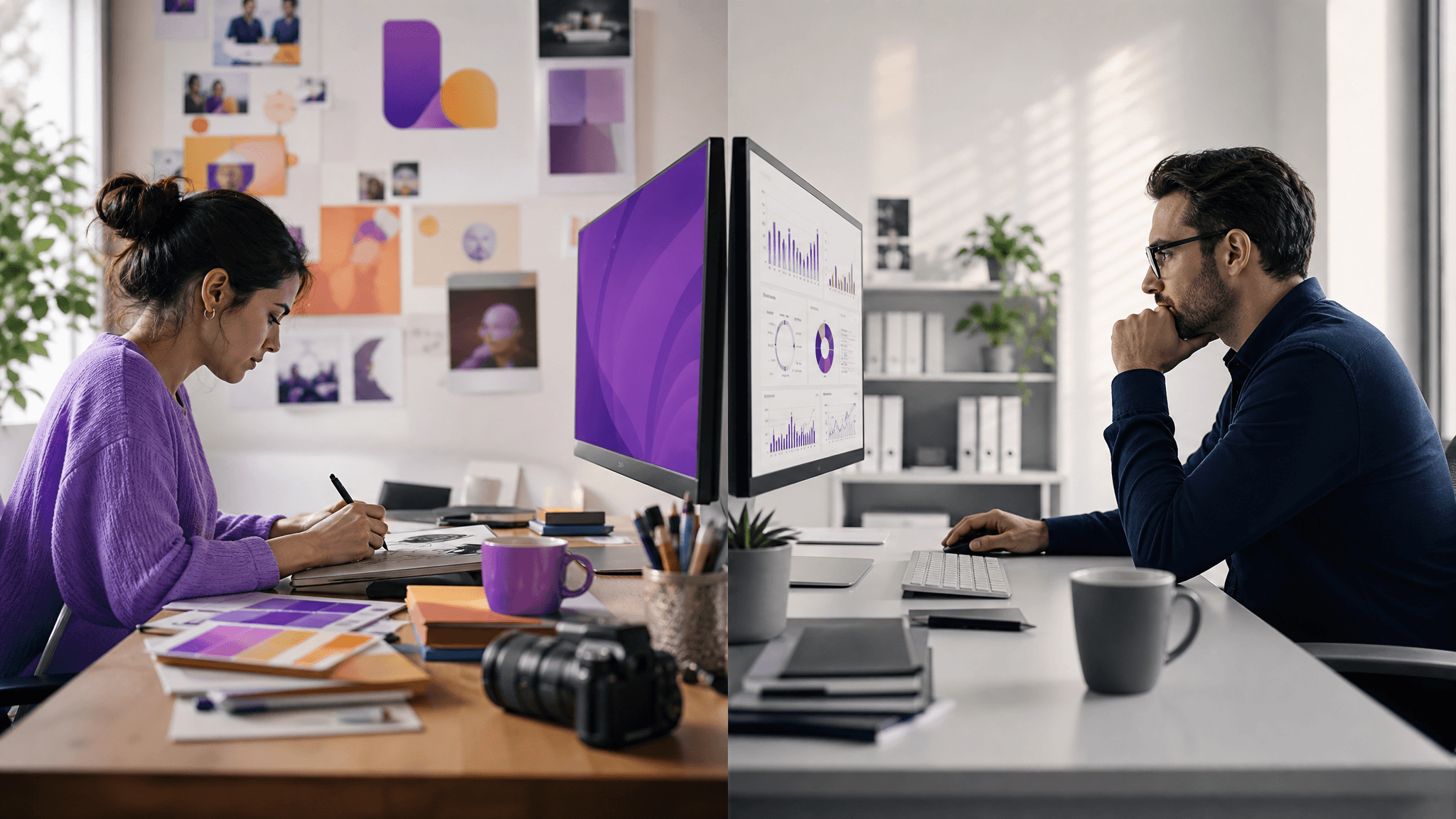 A creative workspace and a data-driven workspace side by side, representing the contrast between Lasso MD and Studio 8E8