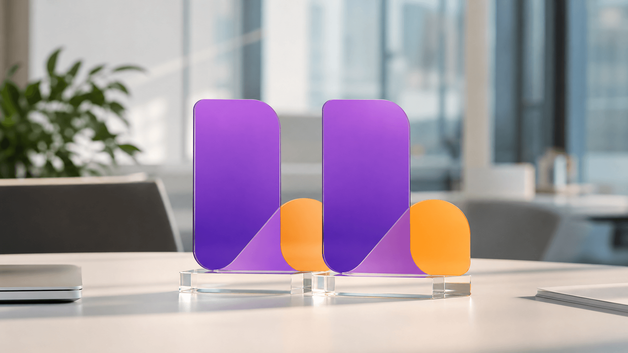 Two matching trophies side by side on a desk, representing a comparison of Lasso MD and Wonderist Agency