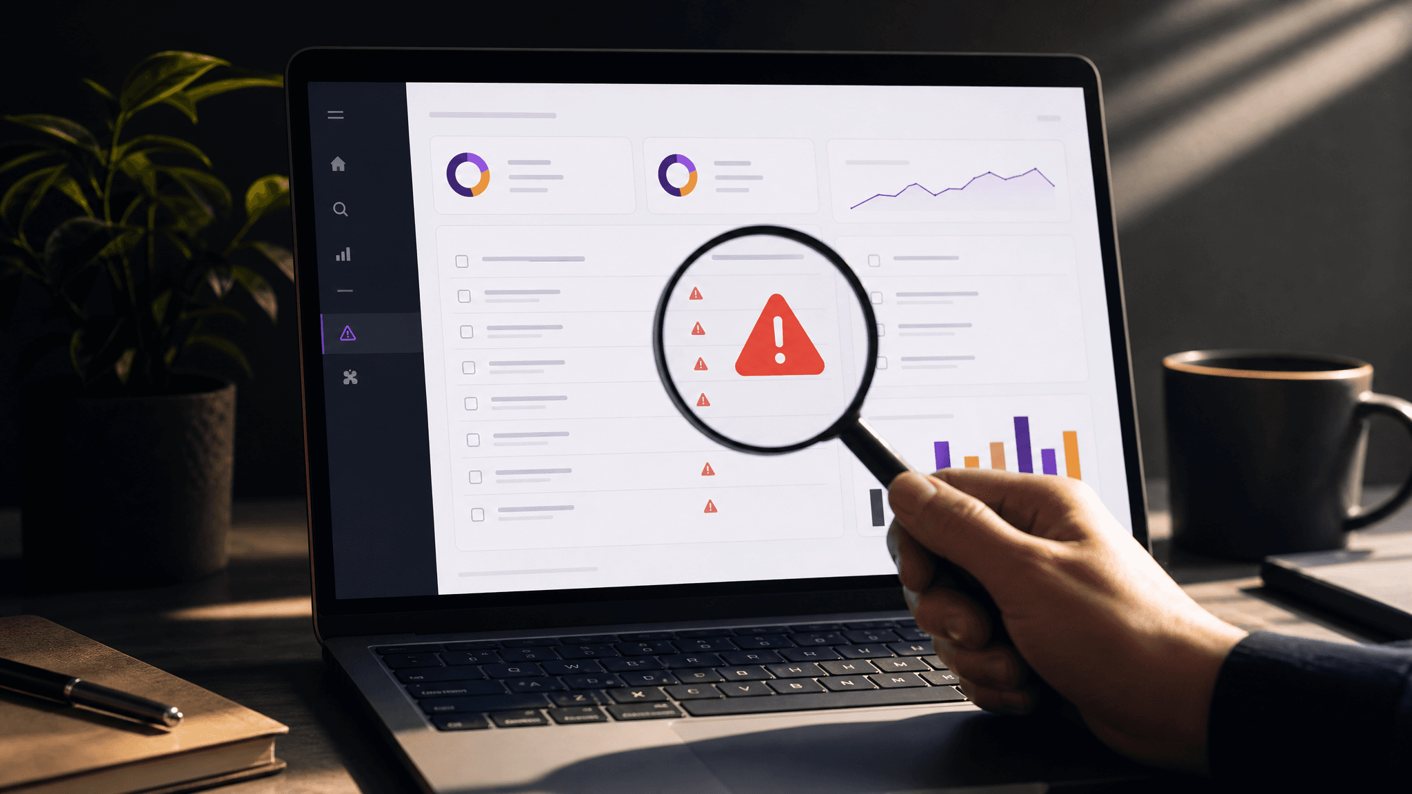 Magnifying glass over a laptop showing a website audit with a red warning indicator, representing the March 2026 Google spam update catching doorway pages
