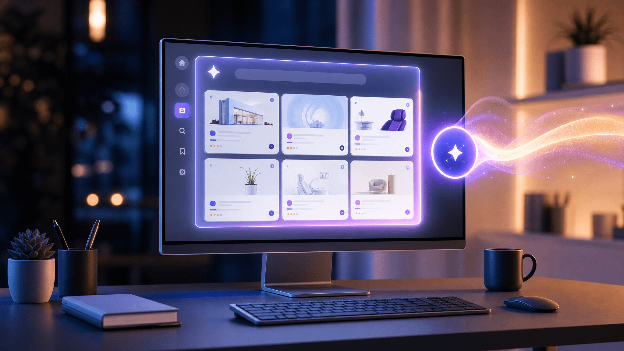 Computer monitor with a glowing AI assistant interface browsing a grid of product listings, representing marketing to AI agents