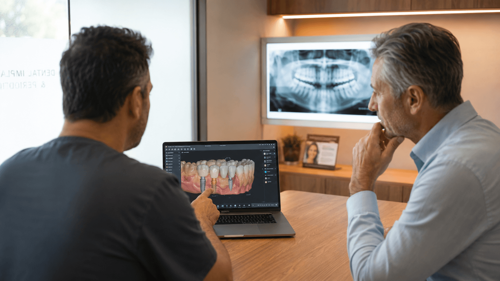 Dental implant consultation with a patient reviewing a high-converting implant webpage featuring cost ranges, doctor credentials, candidacy, and booking