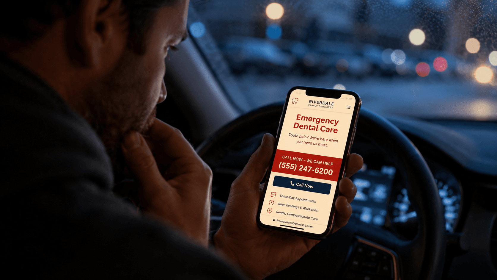 Patient on a phone reaching an emergency dentist after landing on a high-converting emergency dental webpage showing hours, location, and walk-in availability