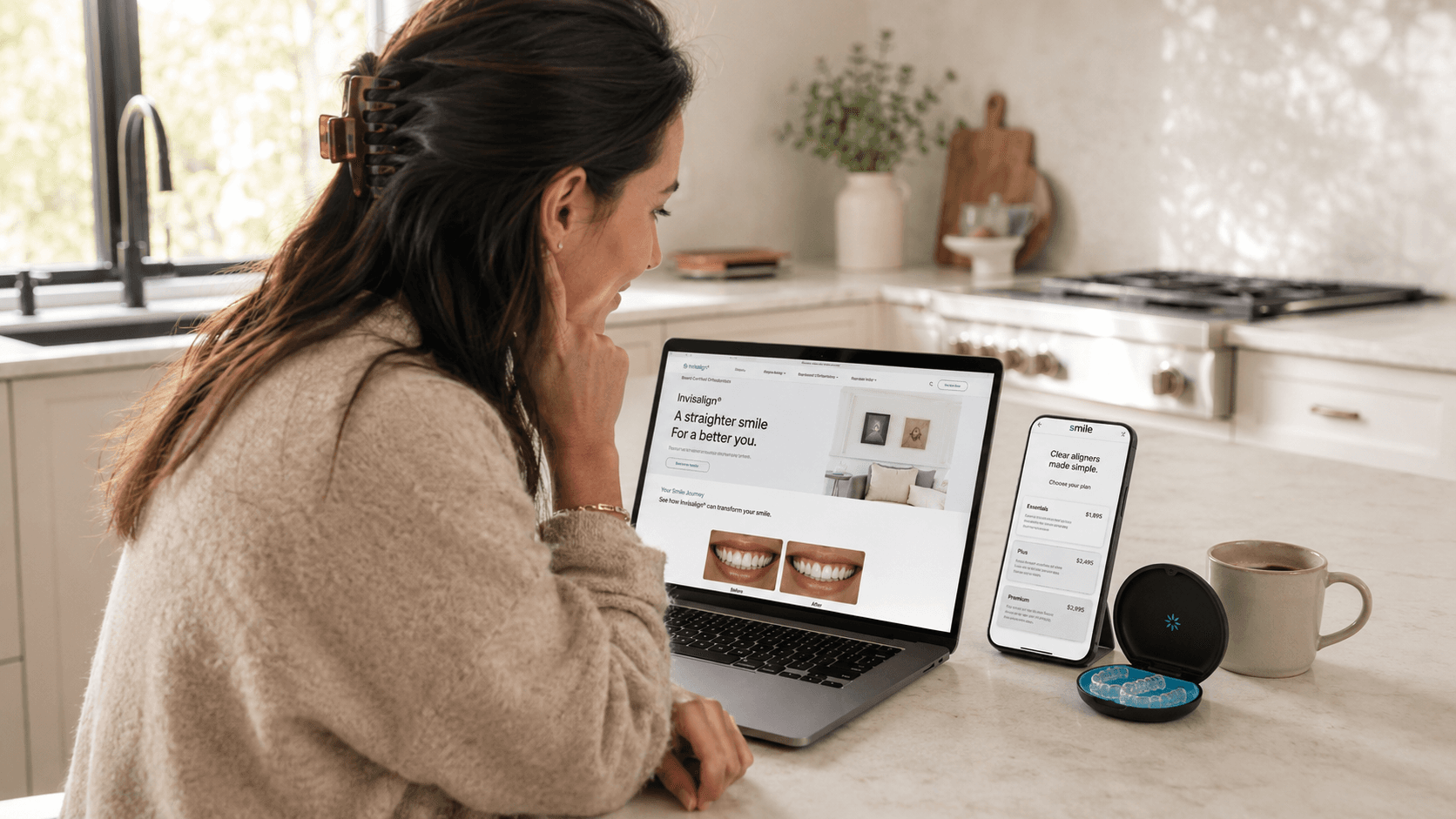 Adult patient comparing Invisalign clear aligner pricing and treatment timeline on a high-converting Invisalign landing page with before-and-after photos and financing