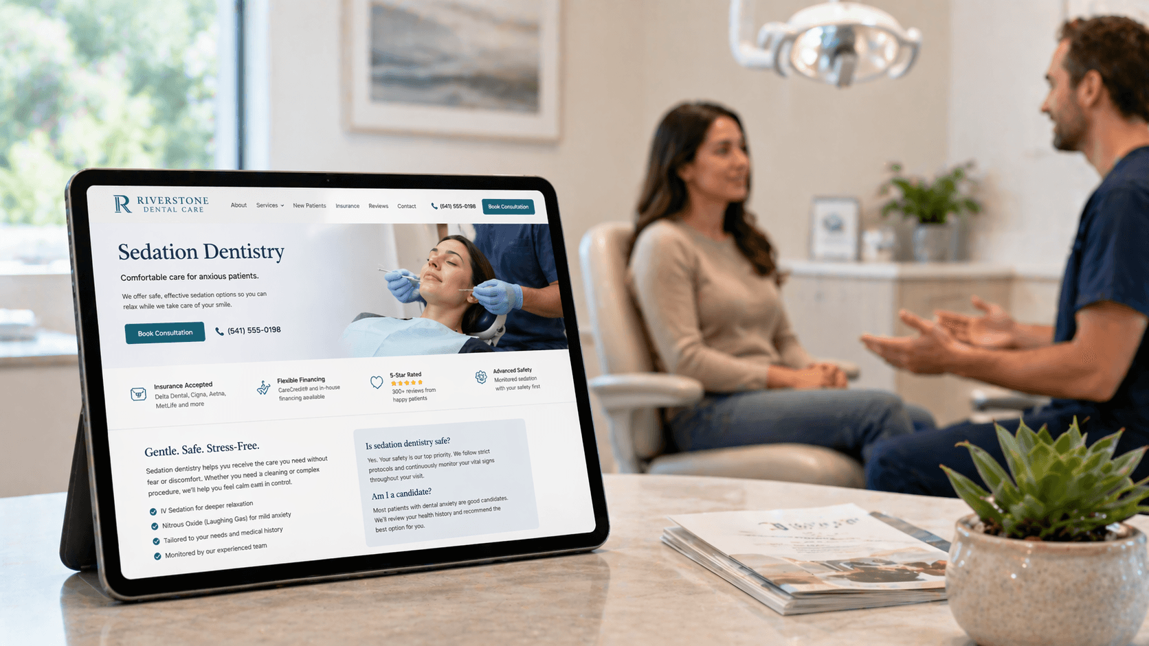 Sedation dentistry consultation scene with a tablet showing a high-converting sedation dentistry webpage featuring insurance, reviews, safety, and booking details