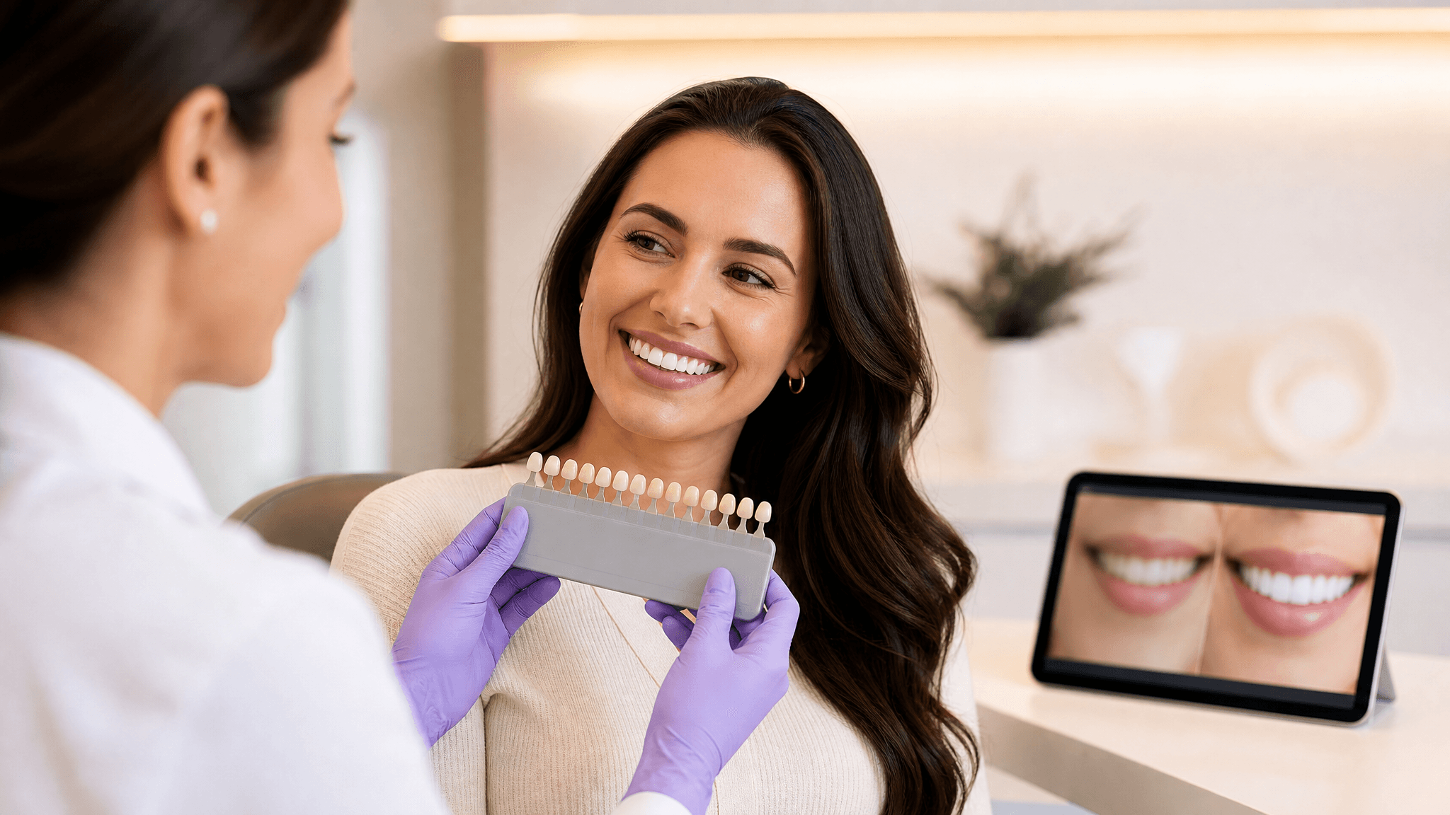 Dentist holding a tooth shade guide near a smiling patient with a tablet showing a before-and-after veneers smile