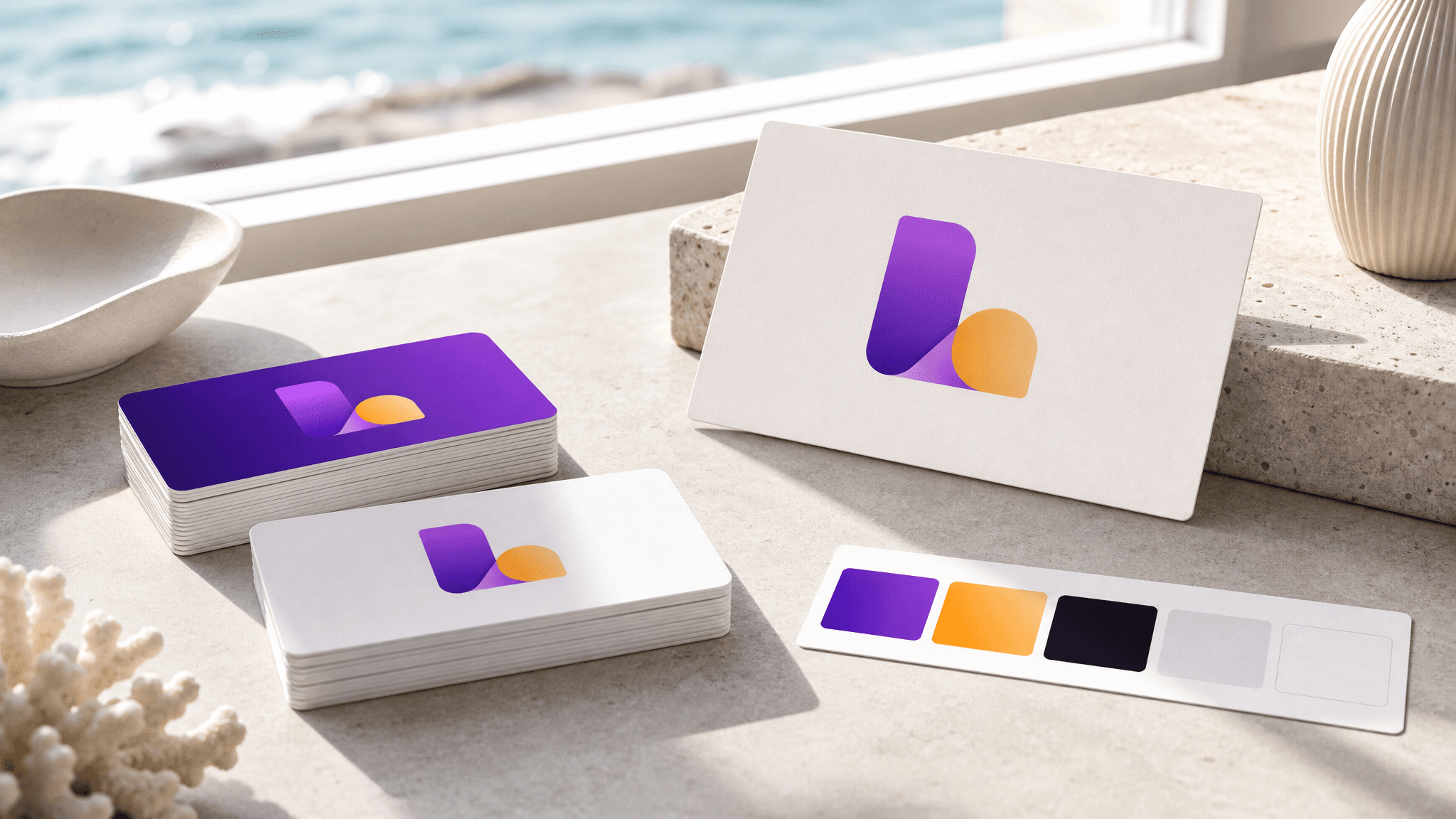 New dental practice brand identity with business cards and color swatches laid out beside a window with coastal light