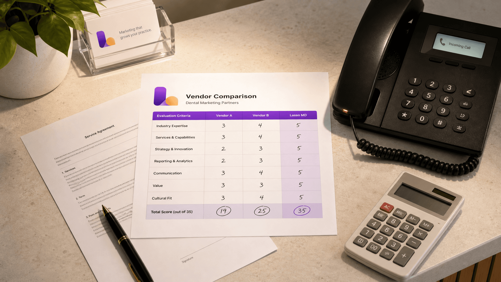 A dental reception desk with a hand-scored AI vendor comparison worksheet, a contract, a calculator, and a ringing desk phone