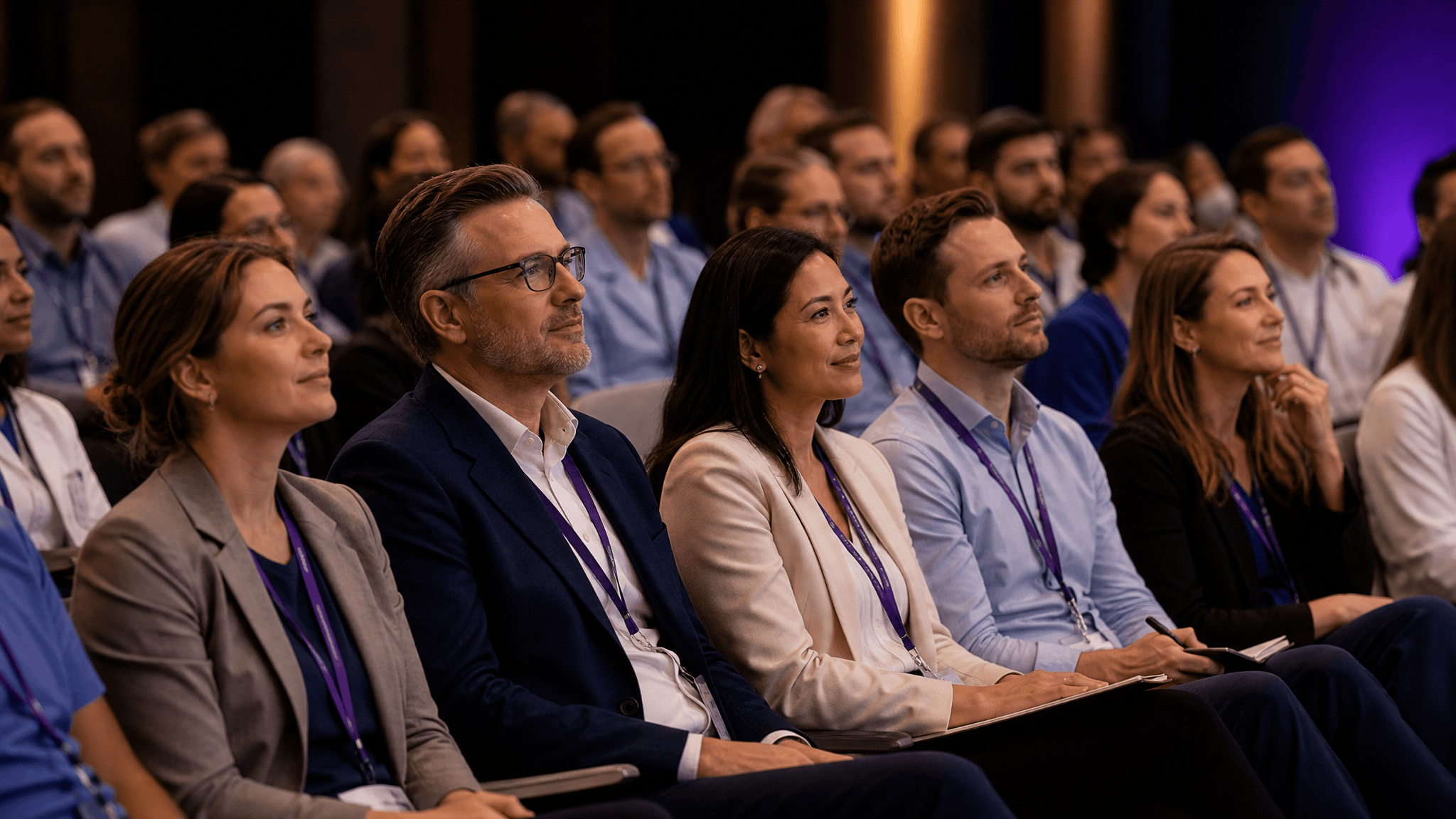 Engaged audience of dental professionals leaning in toward a stage at a conference