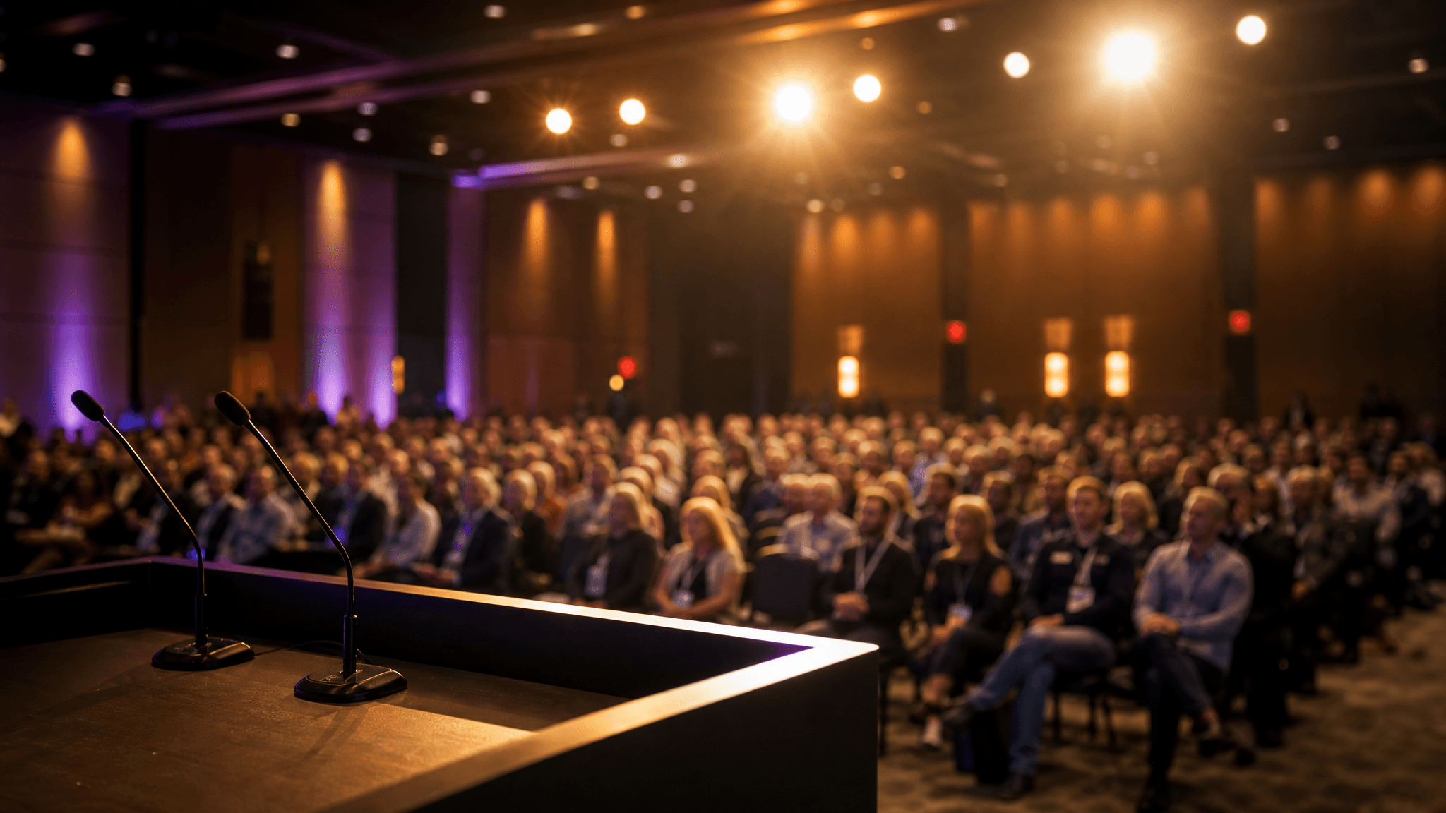View from a stage podium looking out at a full conference audience under warm spotlights