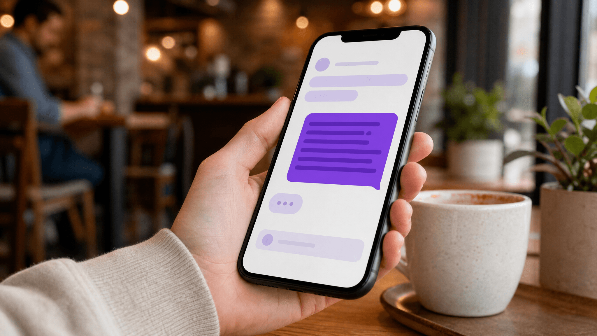 A patient's hand holding a phone in a coffee shop, typing a long natural-language question into an AI assistant to find a dentist