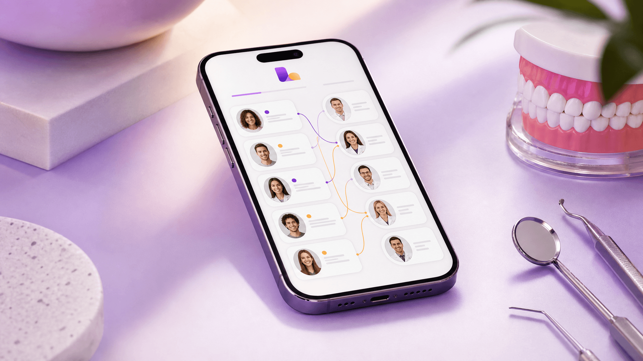 Smartphone showing an AI patient-to-dentist matching interface with profile cards connected by lines