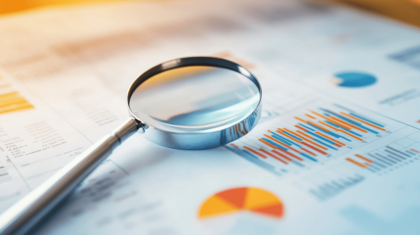 A magnifying glass hovering over a printed competitive analysis report for a dental practice